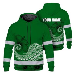 Hi Vis Hoodie Reflective Tapes Green White Polynesian Custom Name Safety Workwear For Workers, Truckers, Operators