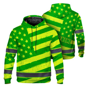 Hi Vis Hoodie Reflective Tapes Lime Green Neon US Flag 2 Custom Name Safety Workwear For Workers, Runners, Cyclists, Patriotic