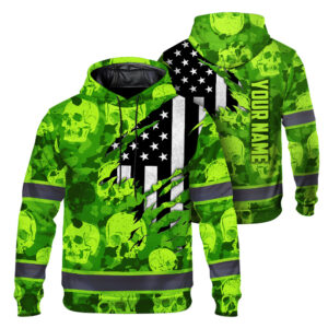 Hi Vis Hoodie Reflective Tapes Lime Neon Camo Skull US Flag Custom Name Safety Workwear For Workers, Runners, Cyclists, Patriotic