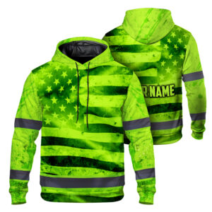 Hi Vis Hoodie Reflective Tapes Lime Neon US Flag Custom Name Safety Workwear For Workers, Runners, Cyclists, Patriotic