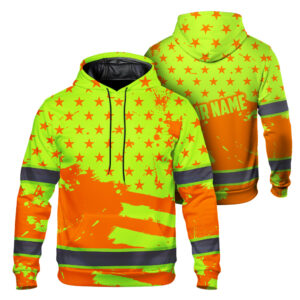 Hi Vis Hoodie Reflective Tapes Lime Orange Neon US Flag Custom Name Safety Workwear For Workers, Runners, Cyclists, Patriotic