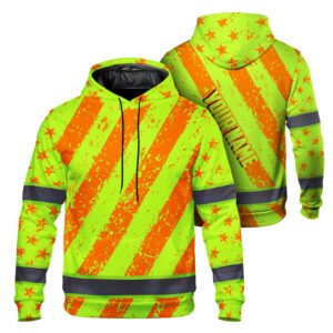 Hi Vis Hoodie Reflective Tapes Lime Orange Neon US Flag Star Custom Name Safety Workwear For Workers, Runners, Cyclists, Patriotic