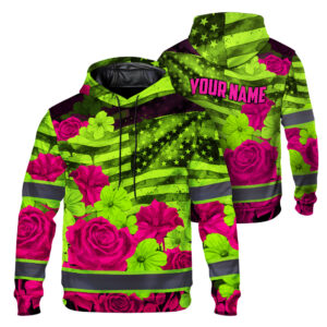 Hi Vis Hoodie Reflective Tapes Lime Pink Neon US Flag Custom Name Safety Workwear For Workers, Runners, Cyclists, Patriotic