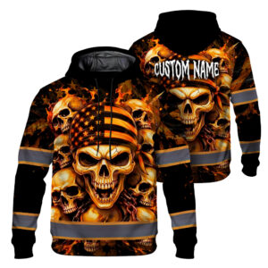 Hi Vis Hoodie Reflective Tapes Orange Neon Skull US Flag Custom Name Safety Workwear For Workers, Runners, Cyclists, Patriotic
