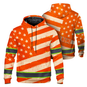 Hi Vis Hoodie Reflective Tapes Orange Neon US Flag Custom Name Safety Workwear For Workers, Runners, Cyclists, Patriotic