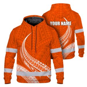 Hi Vis Hoodie Reflective Tapes Orange White Polynesian Custom Name Safety Workwear For Workers, Truckers, Operators