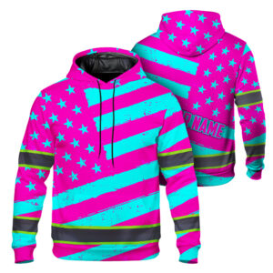 Hi Vis Hoodie Reflective Tapes Pink Blue Neon US Flag Custom Name Safety Workwear For Workers, Runners, Cyclists, Patriotic