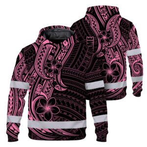 Hi Vis Hoodie Reflective Tapes Pink Neon Polynesian And Flower Custom Name Safety Workwear For Workers, Truckers, Operators