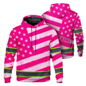 Hi Vis Hoodie Reflective Tapes Pink Neon US Flag Custom Name Safety Workwear For Workers, Runners, Cyclists, Patriotic