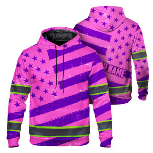 Hi Vis Hoodie Reflective Tapes Pink Violet Neon US Flag Custom Name Safety Workwear For Workers, Runners, Cyclists, Patriotic