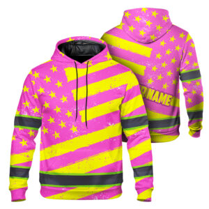 Hi Vis Hoodie Reflective Tapes Pink Yellow Neon US Flag Custom Name Safety Workwear For Workers, Runners, Cyclists, Patriotic