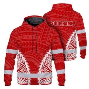 Hi Vis Hoodie Reflective Tapes Red White Polynesian Custom Name Safety Workwear For Workers, Truckers, Operators