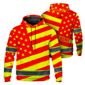 Hi Vis Hoodie Reflective Tapes Red Yellow Neon US Flag Custom Name Safety Workwear For Workers, Runners, Cyclists, Patriotic