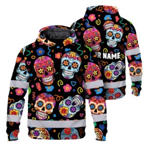 Hi Vis Hoodie Reflective Tapes Sugar Skull Colorful Custom Name Safety Workwear For Workers, Truckers, Operators