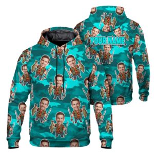 Hi Vis Hoodie Reflective Tapes Teal Camo Fish Custom Name And Image Safety Workwear For Workers, Truckers, Operators