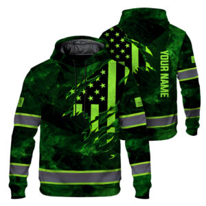 Hi Vis Hoodie Reflective Tapes Veinstone Green Neon US Flag Scratch Custom Name Safety Workwear For Workers, Runners, Cyclists, Patriotic