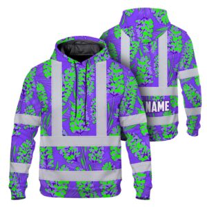 Hi Vis Hoodie Reflective Tapes Violet Green Lavender Custom Name Safety Workwear For Workers, Truckers, Operators