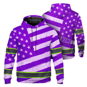 Hi Vis Hoodie Reflective Tapes Violet Neon US Flag Custom Name Safety Workwear For Workers, Runners, Cyclists, Patriotic