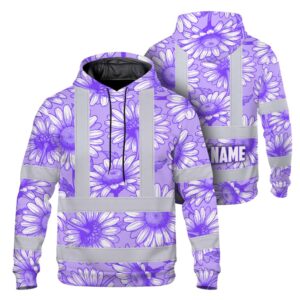 Hi Vis Hoodie Reflective Tapes Violet White Daisies Custom Name Safety Workwear For Workers, Truckers, Operators