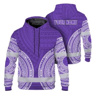 Hi Vis Hoodie Reflective Tapes Violet White Polynesian Custom Name Safety Workwear For Workers, Truckers, Operators