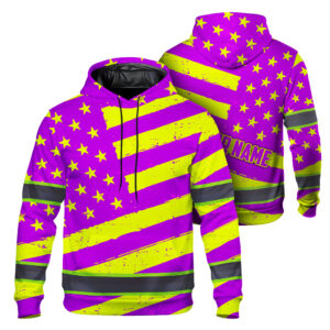 Hi Vis Hoodie Reflective Tapes Violet Yellow Neon US Flag Custom Name Safety Workwear For Workers, Runners, Cyclists, Patriotic