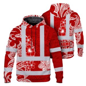 Hi Vis Hoodie Reflective Tapes White Red Neon Polynesian Tribal Custom Name Safety Workwear For Workers, Truckers, Operators