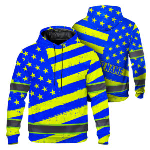 Hi Vis Hoodie Reflective Tapes Yellow Blue Neon US Flag Custom Name Safety Workwear For Workers, Runners, Cyclists, Patriotic