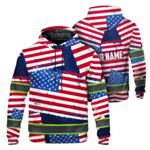 Hi Vis Hoodie Reflective Tapes Yellow Neon US Flag Custom Name Safety Workwear For Workers, Runners, Cyclists, Patriotic