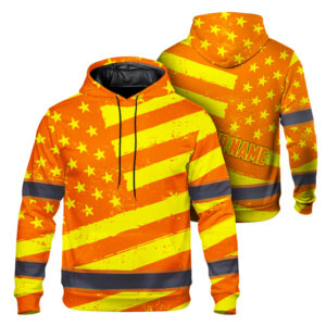 Hi Vis Hoodie Reflective Tapes Yellow Orange Neon US Flag Custom Name Safety Workwear For Workers, Runners, Cyclists, Patriotic
