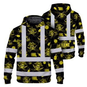 Hi Vis Hoodie Reflective Tapes Yellow Skull Boat Custom Name Safety Workwear For Workers, Truckers, Operators