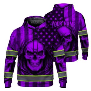 Hi Vis Hoodie Reflective Violet  Neon American Flag Skull Custom Name Safety Workwear For Workers, Runners, Cyclists, Trucker, Operator