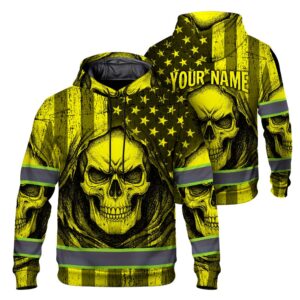 Hi Vis Hoodie Reflective Yellow Neon American Flag Skull Custom Name Safety Workwear For Workers, Runners, Cyclists, Trucker, Operator