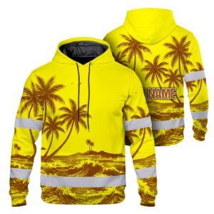 Hi Vis Hoodie Shirt Reflective Tape Yellow Neon Coconut Tree Custom Name Safety Workwear For Workers, Truckers, Operators