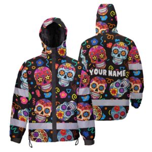 Hi Vis Jacket Waterproof Reflective Tapes Sugar Skull Colorful Custom Name Safety Workwear For Workers, Truckers, Operators