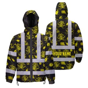 Hi Vis Jacket Waterproof Reflective Tapes Yellow Skull Boat Custom Name Safety Workwear For Workers, Truckers, Operators