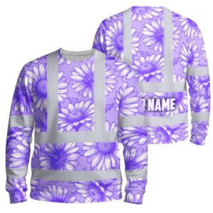 Hi Vis Long Sleeve Reflective Tapes Violet White Daisies Custom Name Safety Workwear For Workers, Truckers, Operators