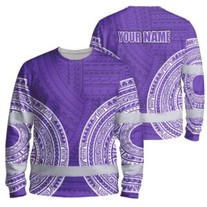 Hi Vis Long Sleeve Reflective Tapes Violet White Polynesian Custom Name Safety Workwear For Workers, Truckers, Operators