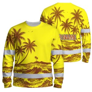 Hi Vis Long Sleeve Shirt Reflective Tape Yellow Neon Coconut Tree Custom Name Safety Workwear For Workers, Truckers, Operators