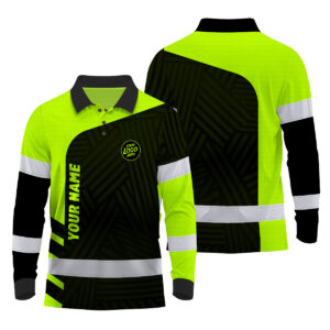 Hi Vis Polo Long Sleeve Reflective Black Green Neon Custom Name And Logo Safety Workwear For Company, Group, Team