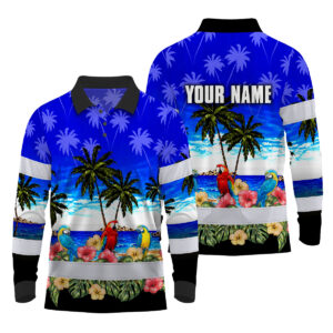 Hi Vis Polo Long Sleeve Reflective Tapes Blue Black Parrot Hawaii Custom Name Safety Workwear For Workers, Truckers, Operators