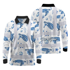 Hi Vis Polo Long Sleeve Reflective Tapes Blue Flowers Turtle 2 Custom Name Safety Workwear For Workers, Truckers, Operators, Company