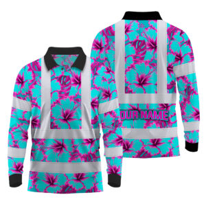 Hi Vis Polo Long Sleeve Reflective Tapes Blue Neon And Pink Flowers Custom Name Safety Workwear For Workers, Truckers, Operators