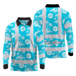 Hi Vis Polo Long Sleeve Reflective Tapes Blue Neon And White Flowers Custom Name And Logo Safety Workwear For Workers, Truckers, Operators, Company