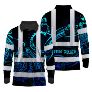 Hi Vis Polo Long Sleeve Reflective Tapes Gradient Turtle Hawaiian Polynesian Tribal Custom Name Safety Workwear For Workers, Truckers, Operators