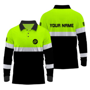 Hi Vis Polo Long Sleeve Reflective Tapes Green Neon And Black Uniform US Flag Custom Name And Logo Safety Workwear For Team, Group, Company