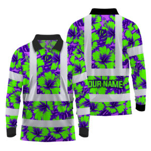 Hi Vis Polo Long Sleeve Reflective Tapes Green Neon And Violet Flowers Custom Name Safety Workwear For Workers, Truckers, Operators