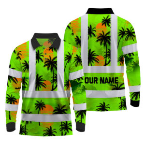 Hi Vis Polo Long Sleeve Reflective Tapes Green Neon Flowers Custom Name Safety Workwear For Workers, Truckers, Operators, Company