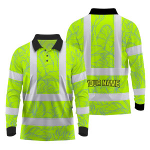 Hi Vis Polo Long Sleeve Reflective Tapes Green Neon Flowers Custom Name Safety Workwear For Workers, Truckers, Operators