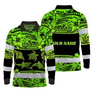 Hi Vis Polo Long Sleeve Reflective Tapes Green Neon Hawaiian Polynesian Tribal Custom Name Safety Workwear For Workers, Truckers, Operators