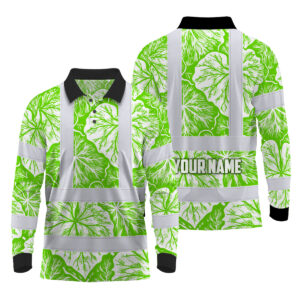 Hi Vis Polo Long Sleeve Reflective Tapes Green Neon White Flowers Custom Name Safety Workwear For Workers, Truckers, Operators